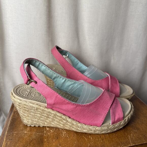 Women’s Crocs Pink A-Leigh Linen Slingback Espadrille Wedge‎ Sandals Size 7 - Picture 1 of 10